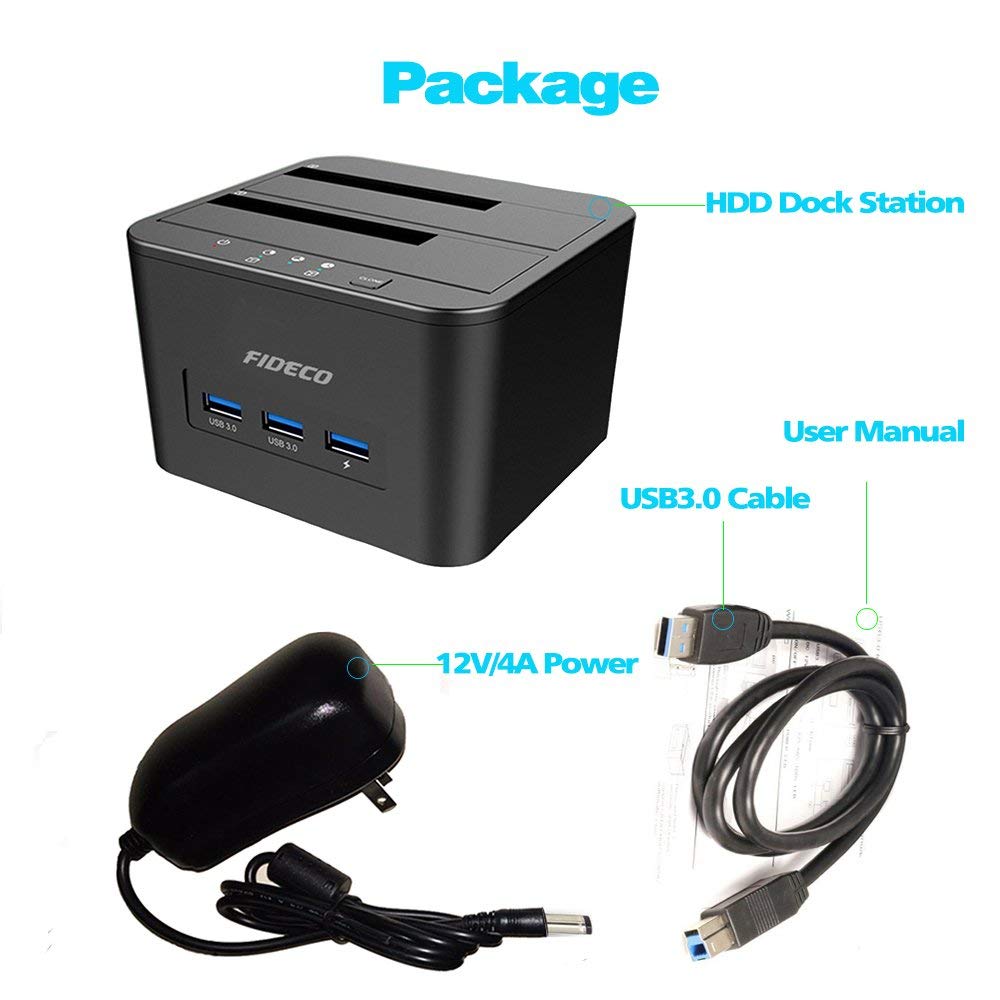 FIDECO USB3.0 to SATA Dual Bay Hard Drive Docking Station with 3-port USB3.0 Hub for 2.5/3.5inch SAT