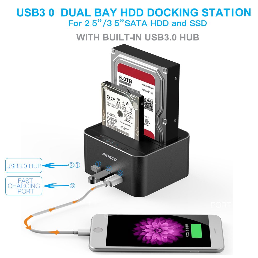 FIDECO USB 3.0 to SATA HDD Docking Station Dual-Bay External Hard Drive Dock with Offline Clone Func