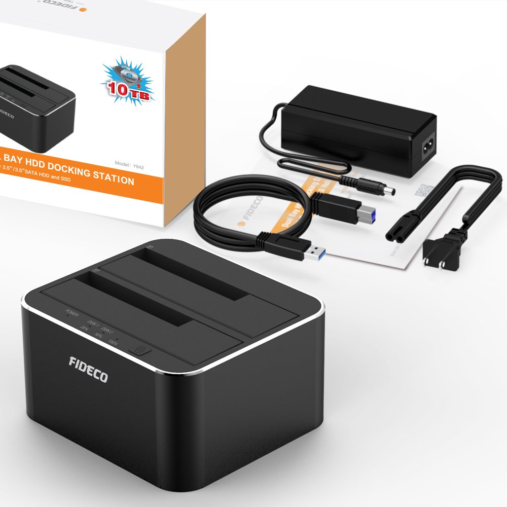 FIDECO SATA HDD Docking Station Dual-Bay External Hard Drive Dock with Offline Clone Function for 2.